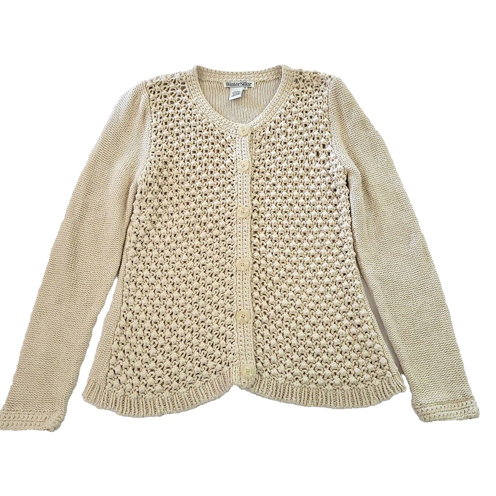Silk Blend Open Knit sweater Cardigan Cream M Winter Silks Cottage Country core
